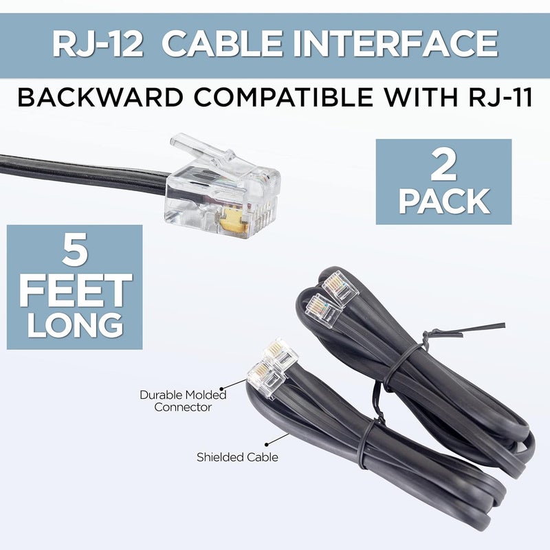 Volcora [2 Pack 5 Feet RJ11 / RJ12 Data Cable - Heavy Duty 6-Pins High-Speed Extension for Cash Register Drawer, Telephone, Modem, Fax, Printers, and More - Drawer Cable for Voice and Data - Image 2